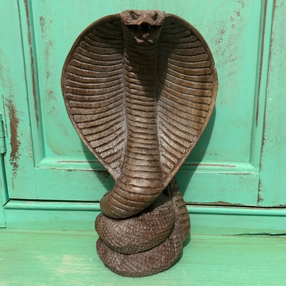 Vintage Set Of 4 Hand Carved Wood Cobras  Statuettes King Cobras Large Small - Picture 7 of 16